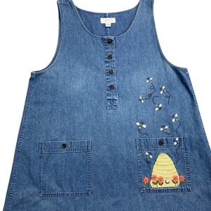 CJ Banks Denim Jumper Dress Womens 16W Blue Bee Embroidered Midi Pinafore